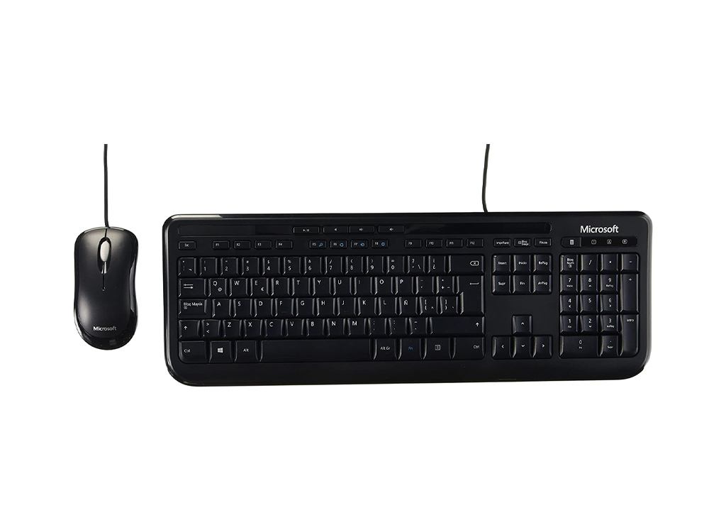 Microsoft Wired Desktop 600 – Teclado anti-derrame & Mouse óptico, Teclas de acceso directo, USB, Español